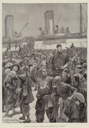 Der Krieg in Ostasien, chinesische Truppen besteigen ein Transportschiff